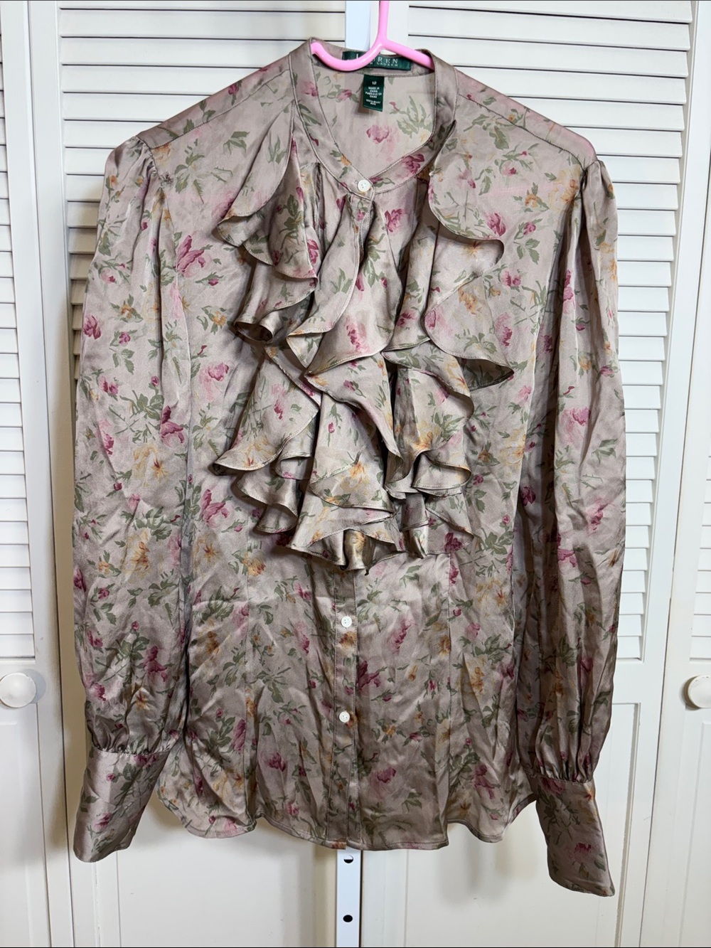 Lauren Ralph Lauren Taupe Floral Ruffle-Front Button Down Silk Blouse Size 12